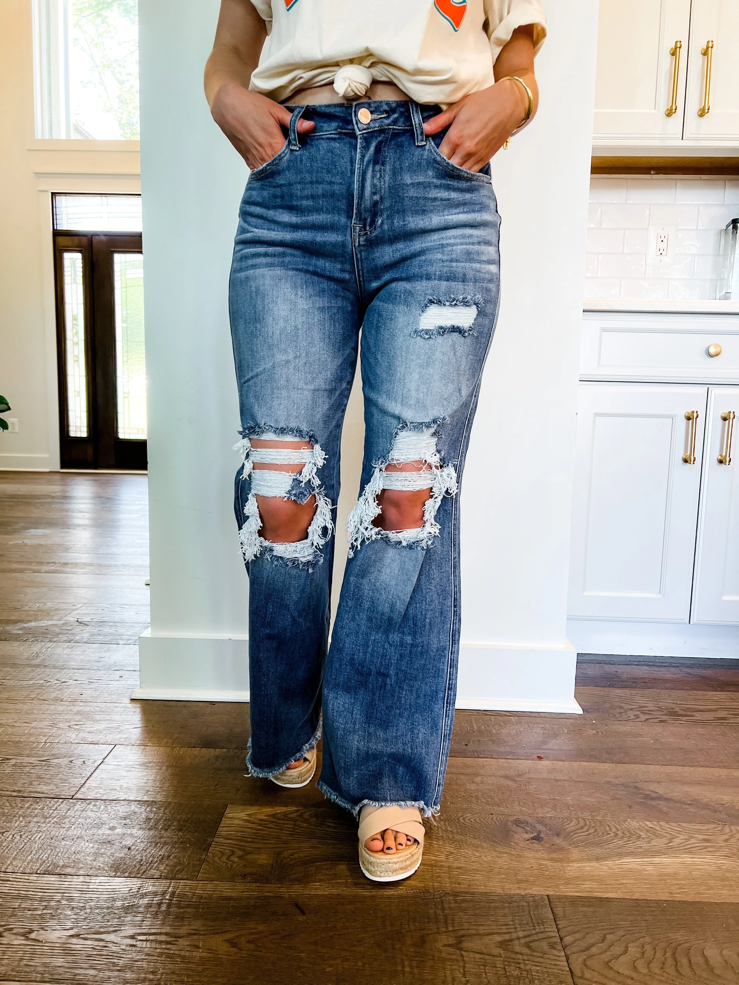 Risen Medium Wash Distressed Wide Leg Dad Jeans