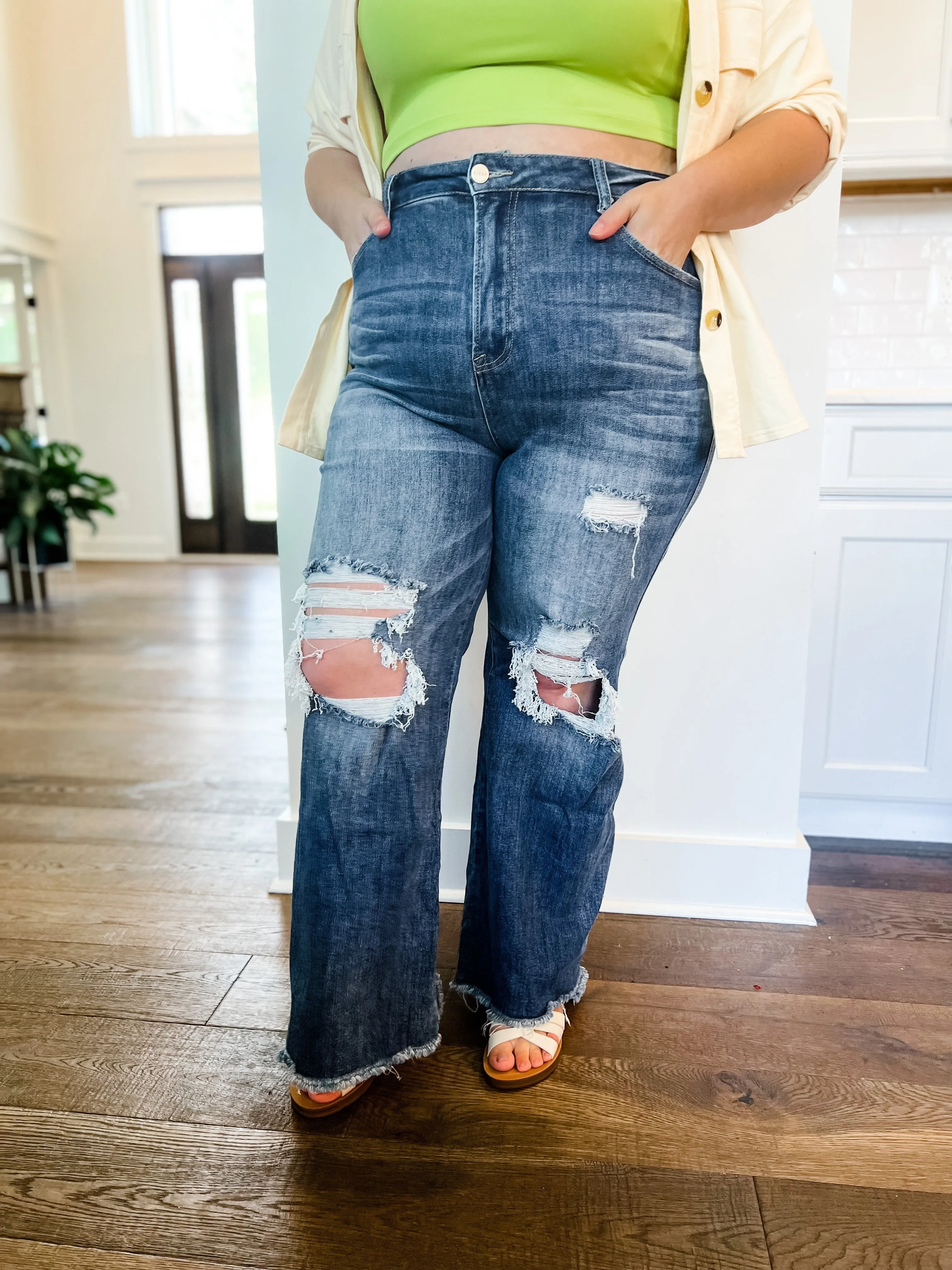Risen Medium Wash Distressed Wide Leg Dad Jeans