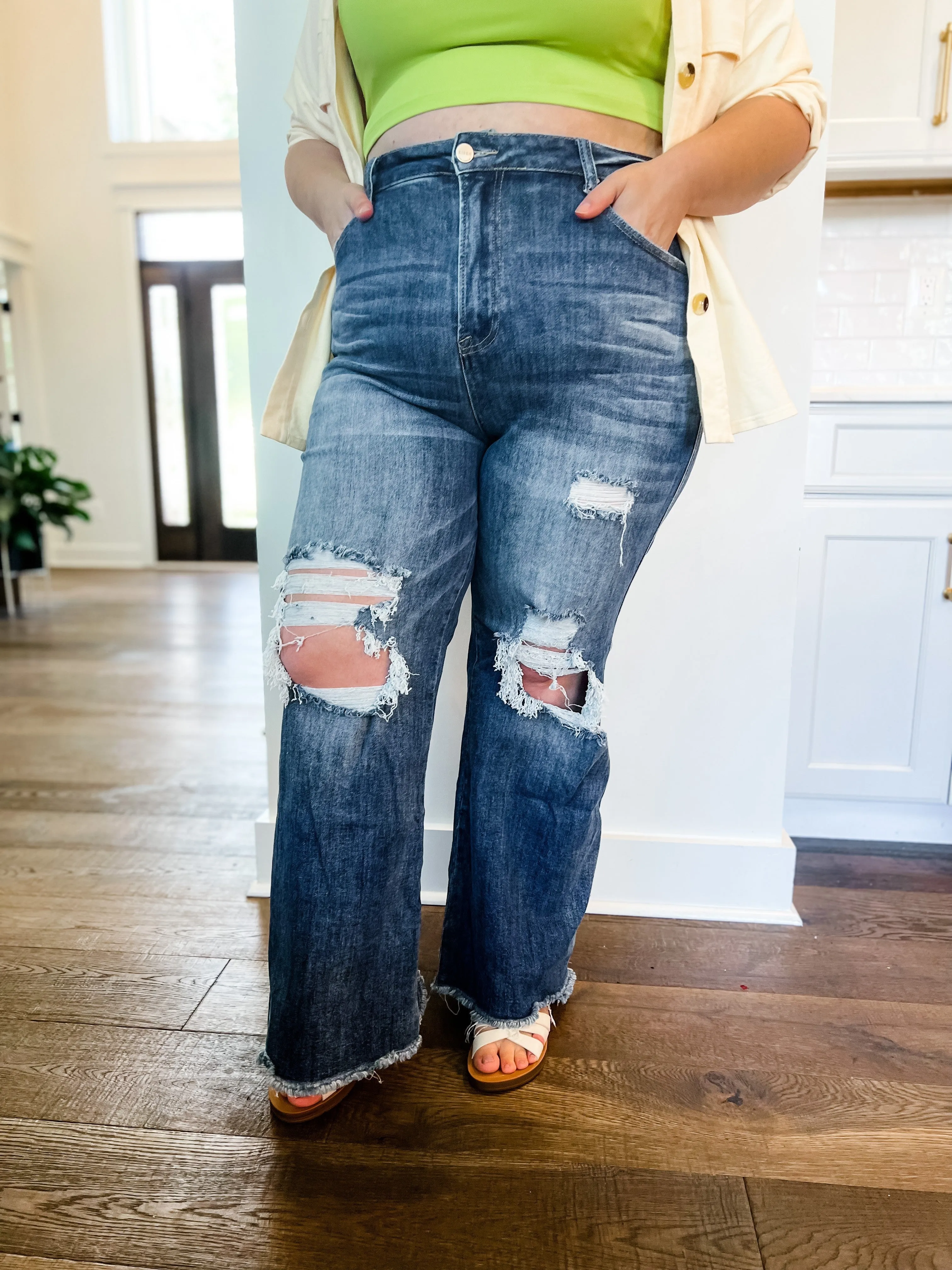 Risen Medium Wash Distressed Wide Leg Dad Jeans