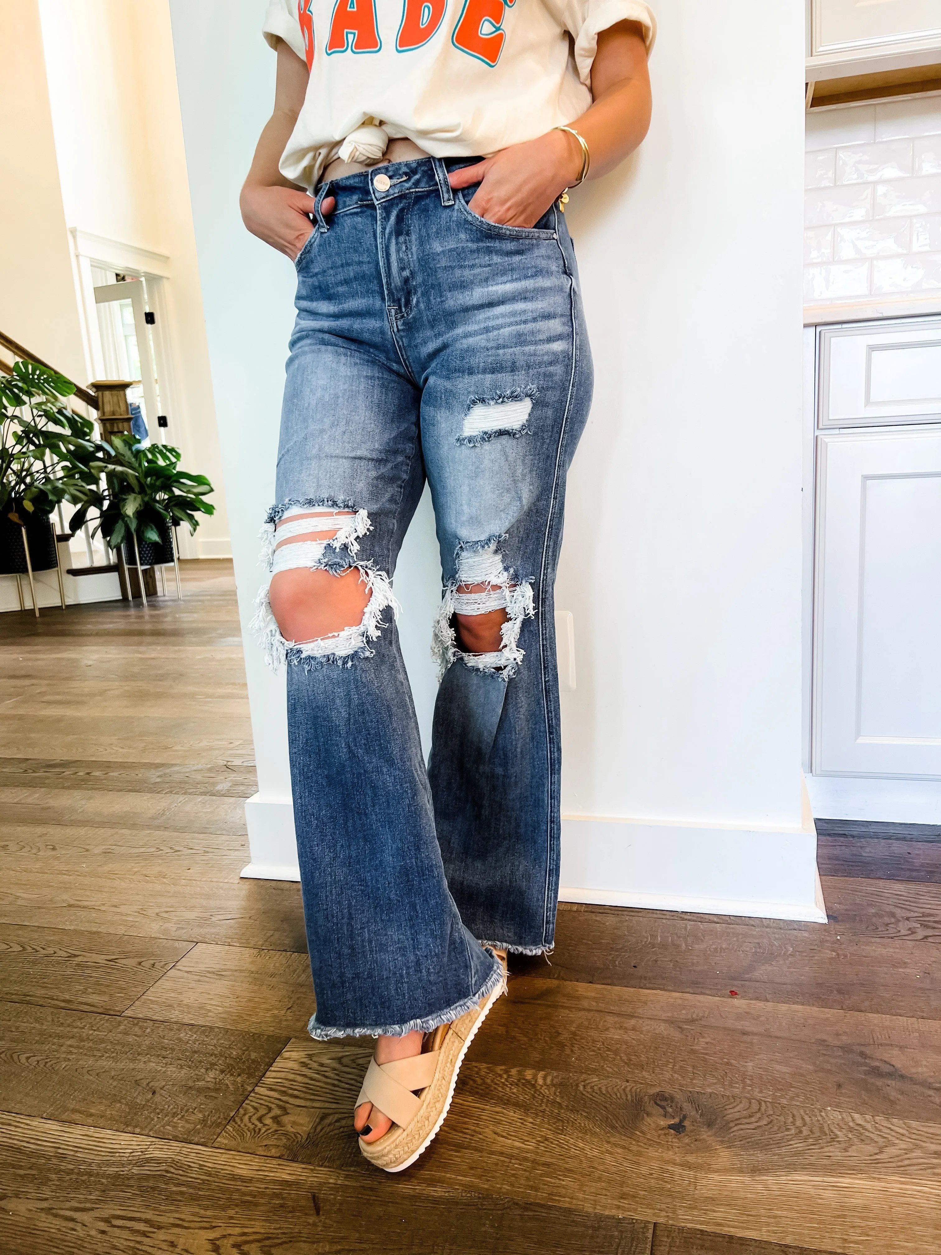 Risen Medium Wash Distressed Wide Leg Dad Jeans