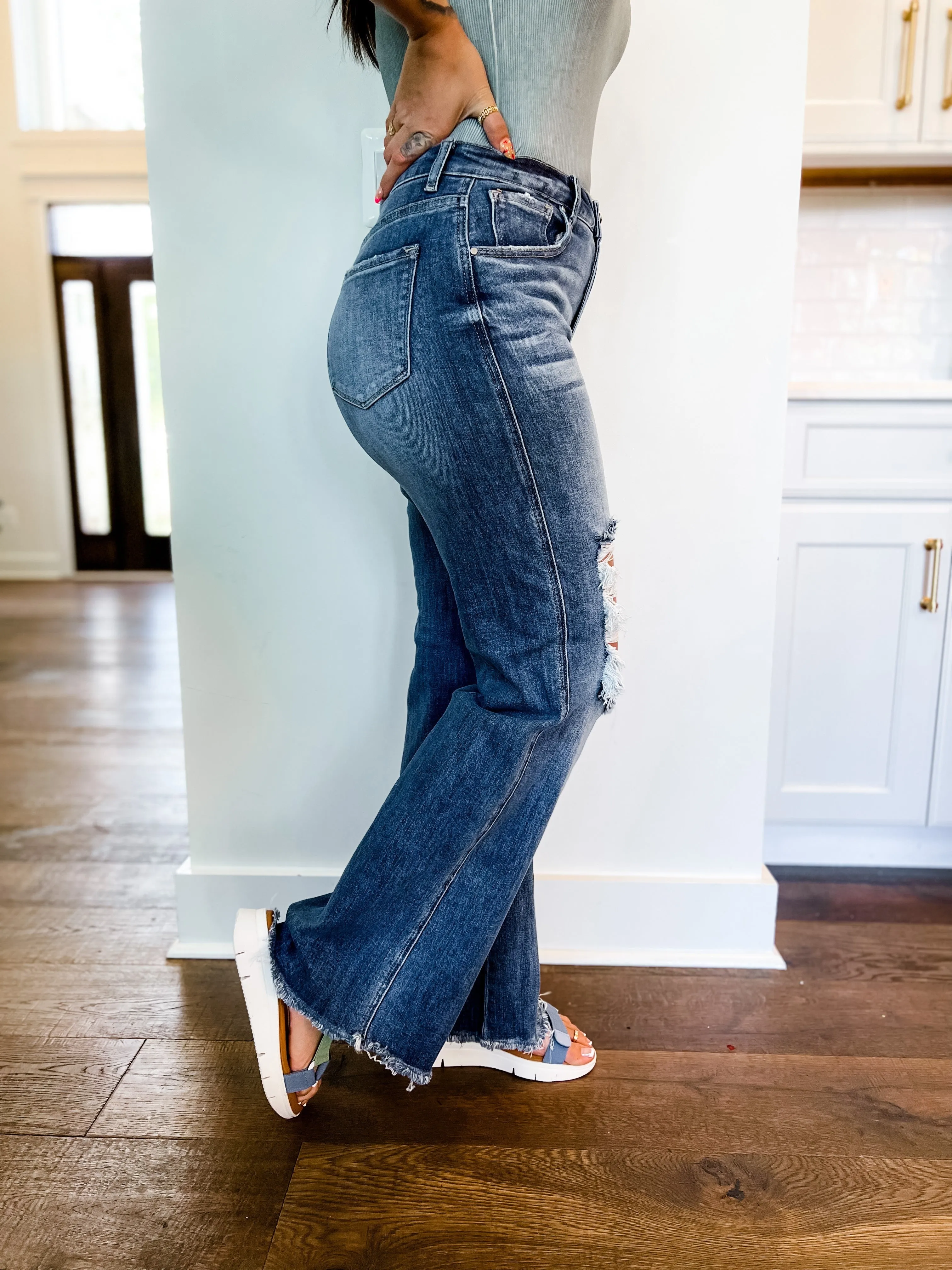 Risen Medium Wash Distressed Wide Leg Dad Jeans