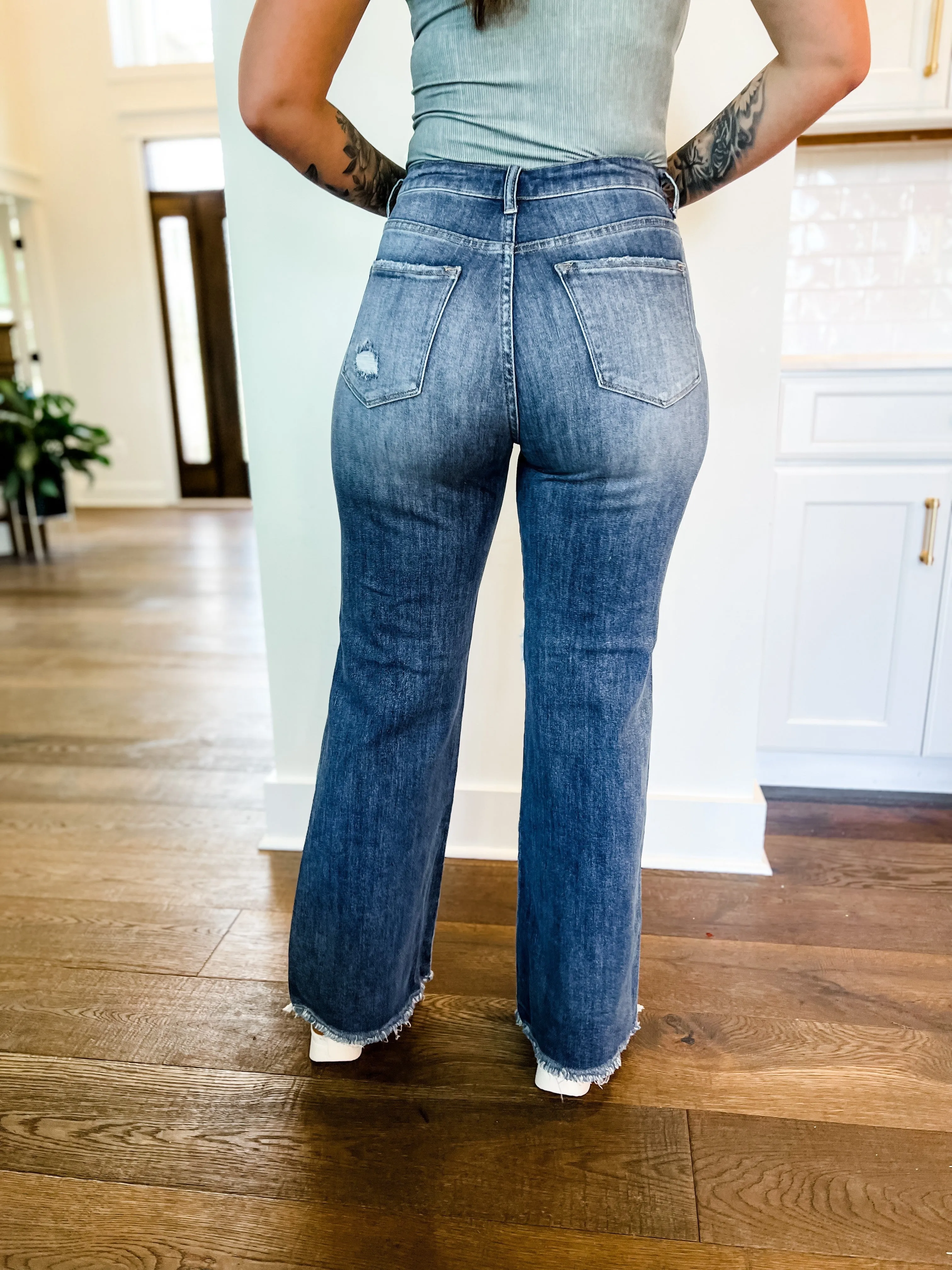 Risen Medium Wash Distressed Wide Leg Dad Jeans