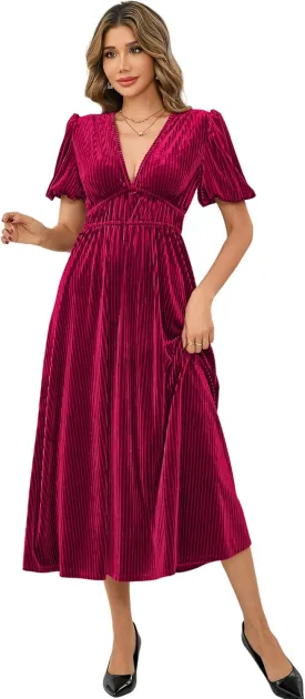 R.Vivimos Women's Fall Winter Velvet Dress Puff Sleeve Sexy Deep V Neck Elastic High Waist A-Line Elegant Casual Midi Dress