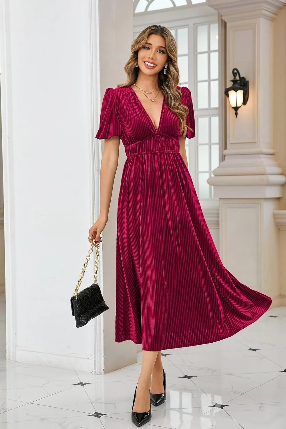 R.Vivimos Women's Fall Winter Velvet Dress Puff Sleeve Sexy Deep V Neck Elastic High Waist A-Line Elegant Casual Midi Dress