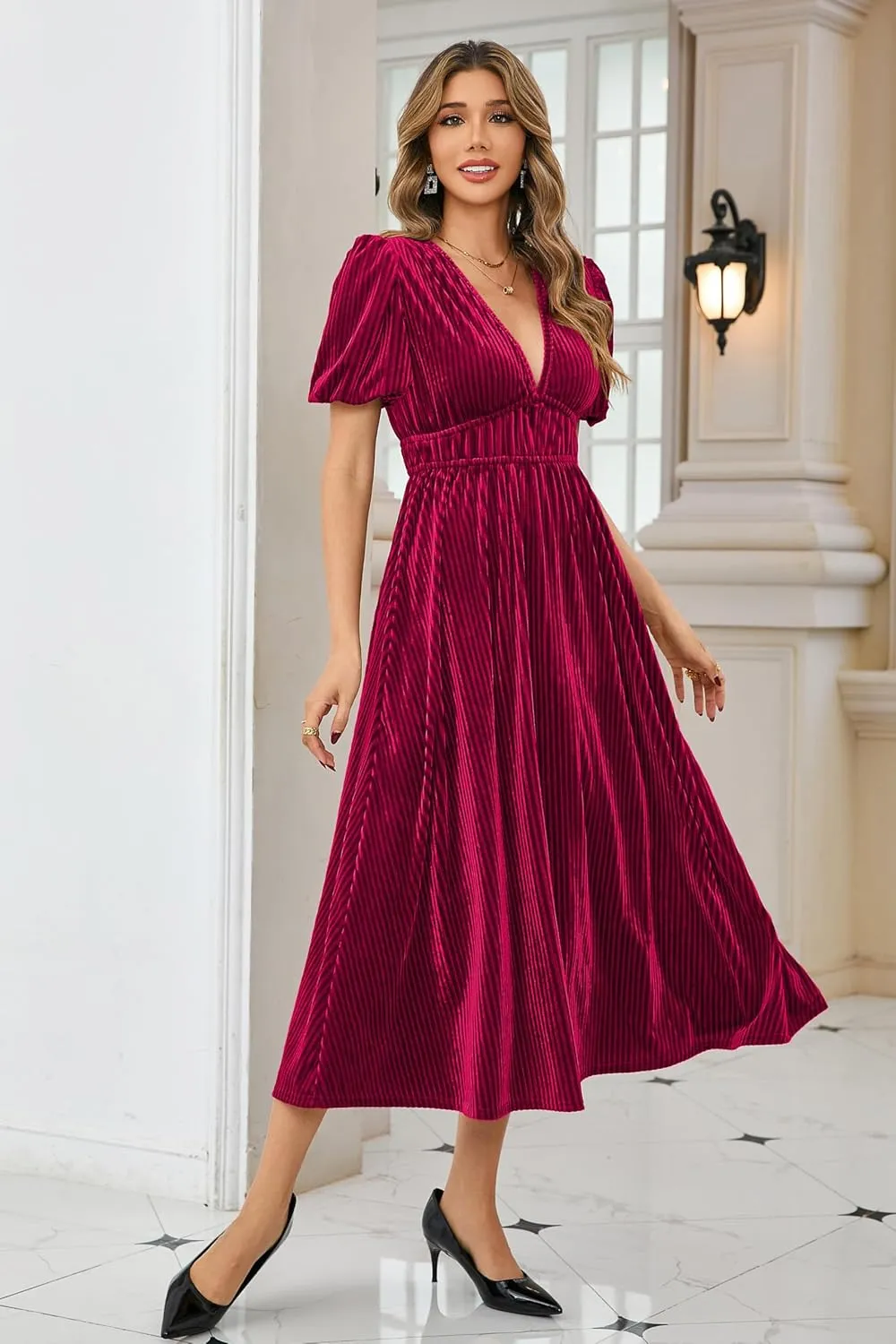 R.Vivimos Women's Fall Winter Velvet Dress Puff Sleeve Sexy Deep V Neck Elastic High Waist A-Line Elegant Casual Midi Dress