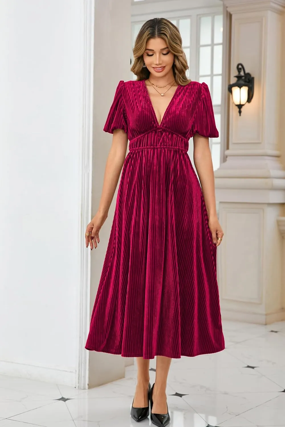 R.Vivimos Women's Fall Winter Velvet Dress Puff Sleeve Sexy Deep V Neck Elastic High Waist A-Line Elegant Casual Midi Dress