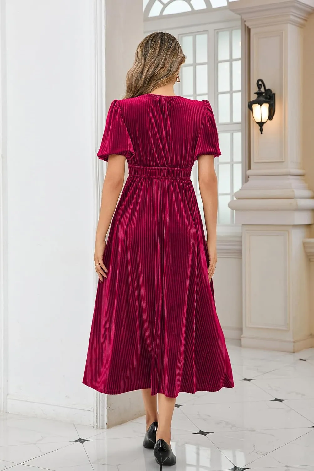 R.Vivimos Women's Fall Winter Velvet Dress Puff Sleeve Sexy Deep V Neck Elastic High Waist A-Line Elegant Casual Midi Dress