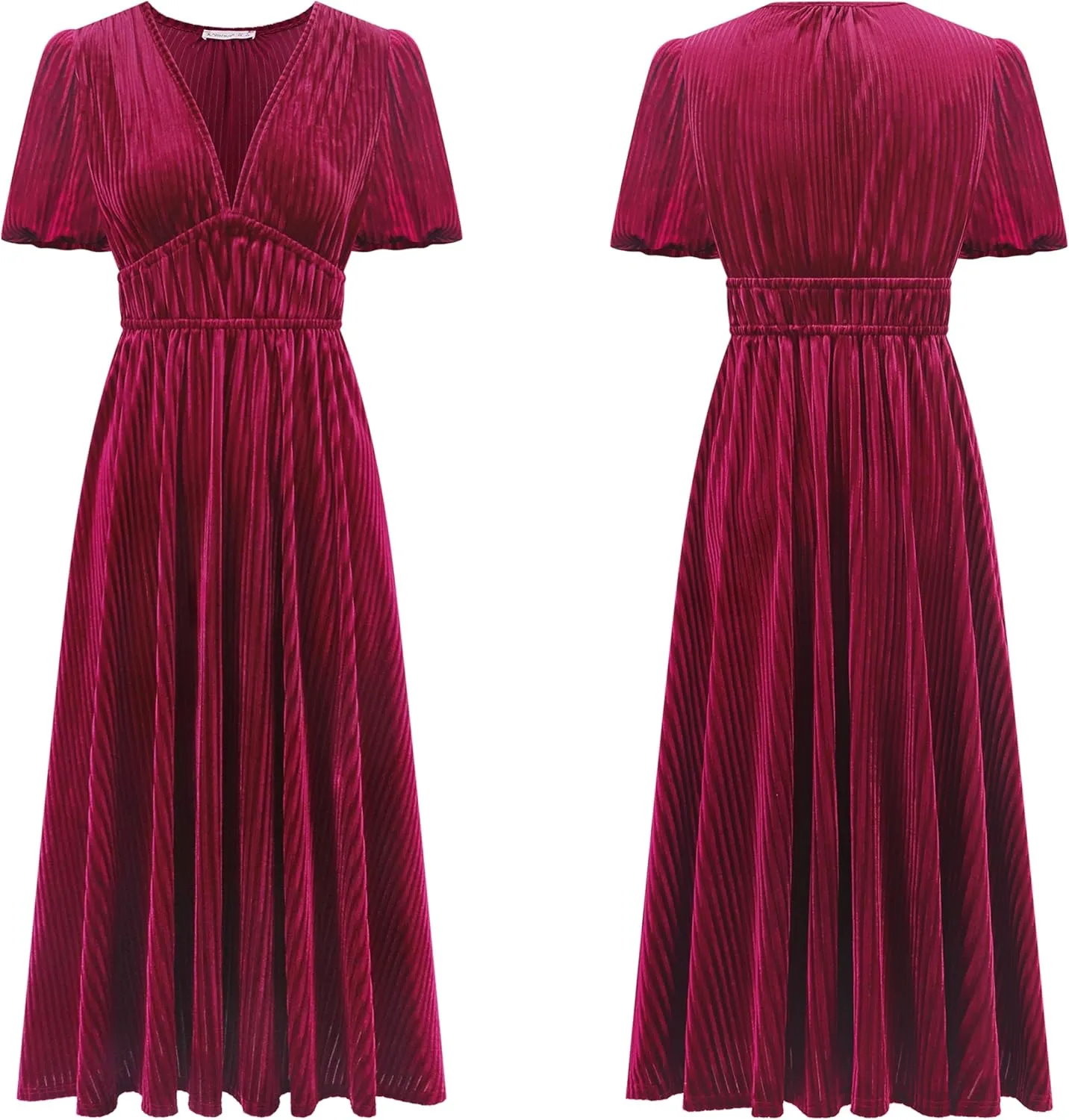 R.Vivimos Women's Fall Winter Velvet Dress Puff Sleeve Sexy Deep V Neck Elastic High Waist A-Line Elegant Casual Midi Dress