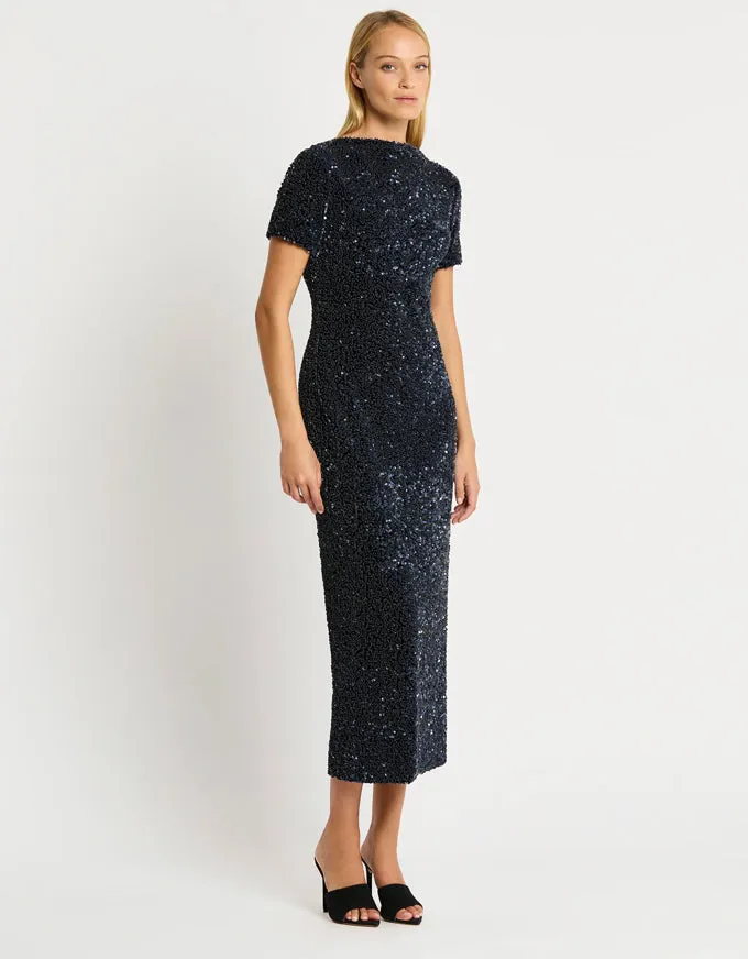 Sacha Dress Navy Sequinned Velvet - Australian Made