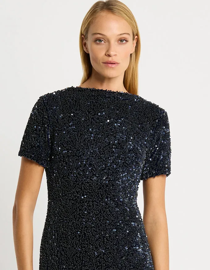 Sacha Dress Navy Sequinned Velvet - Australian Made