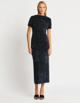Sacha Dress Navy Sequinned Velvet - Australian Made