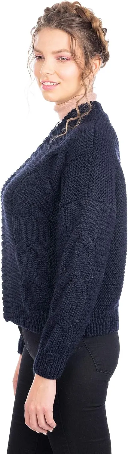 SAOL Irish Cardigan Sweater for Women Soft Merino Wool Blend Cable Knit Open Boyfriend Large Coat