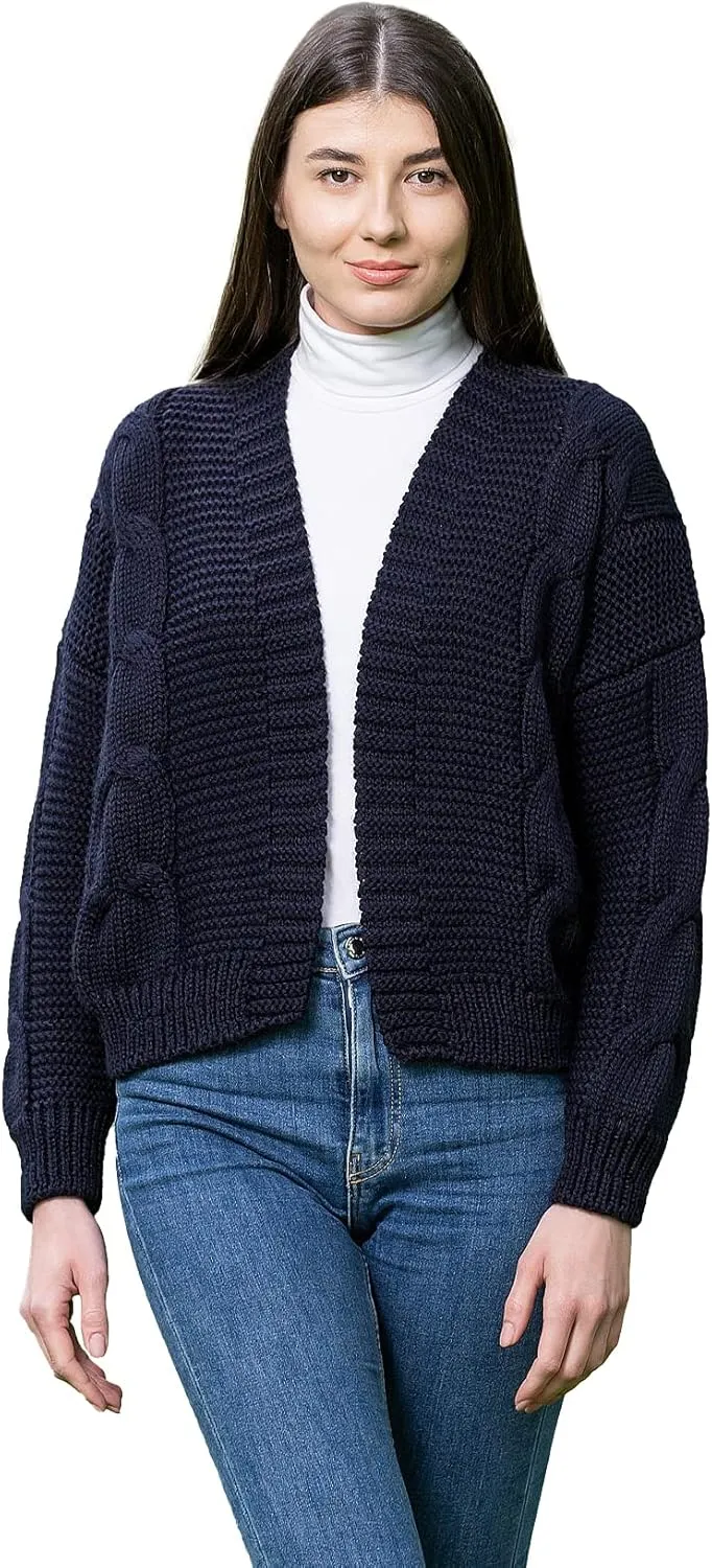 SAOL Irish Cardigan Sweater for Women Soft Merino Wool Blend Cable Knit Open Boyfriend Large Coat