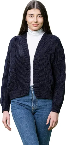 SAOL Irish Cardigan Sweater for Women Soft Merino Wool Blend Cable Knit Open Boyfriend Large Coat