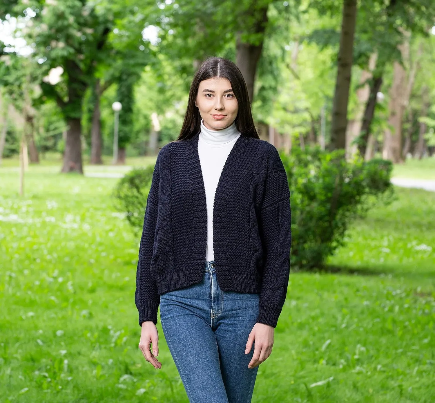 SAOL Irish Cardigan Sweater for Women Soft Merino Wool Blend Cable Knit Open Boyfriend Large Coat