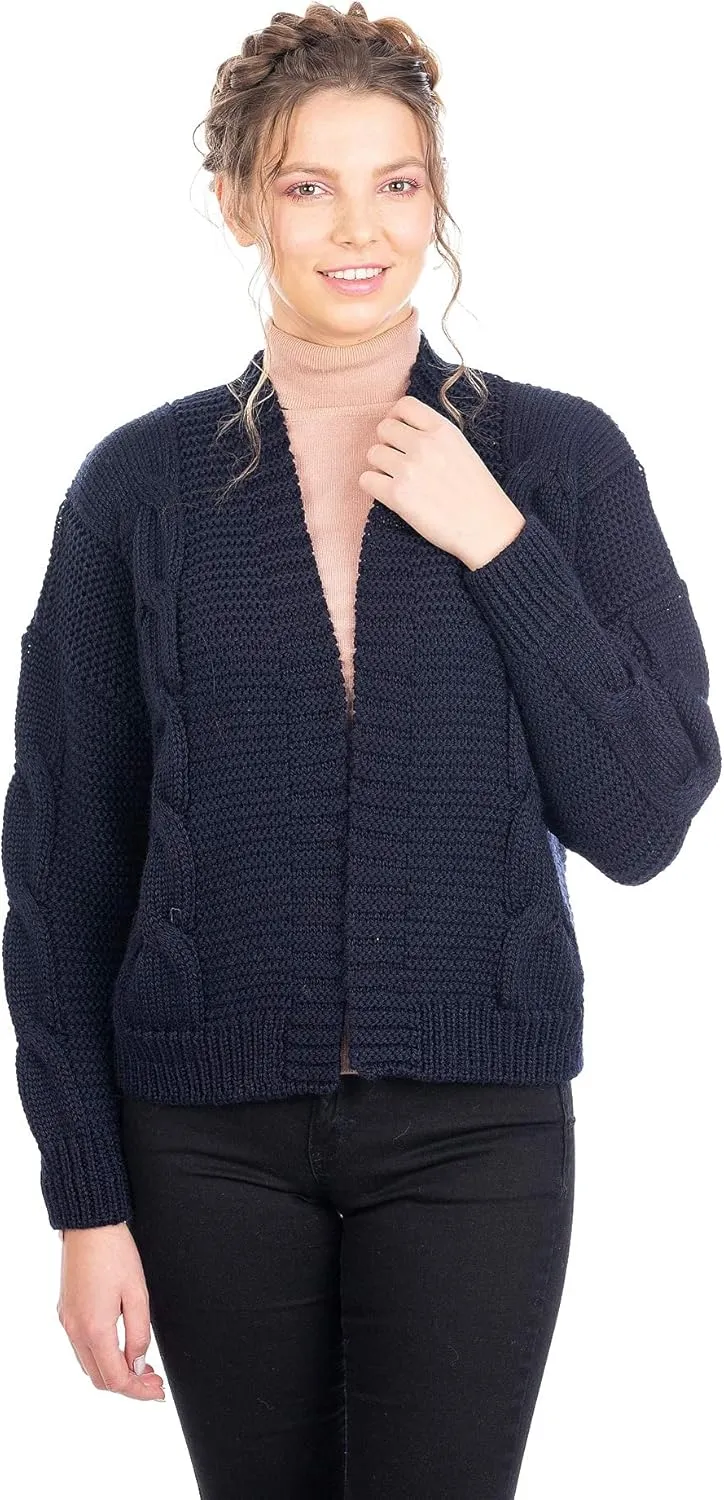 SAOL Irish Cardigan Sweater for Women Soft Merino Wool Blend Cable Knit Open Boyfriend Large Coat