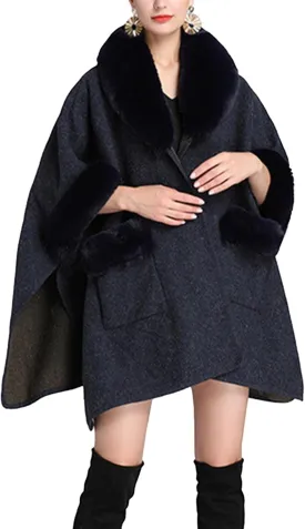 Sexyshine Women's Faux Fur Trim Cloak Poncho Coat Batwing Sleeve Pocket Oversized Woolen Shawl Wrap Cape Jacket