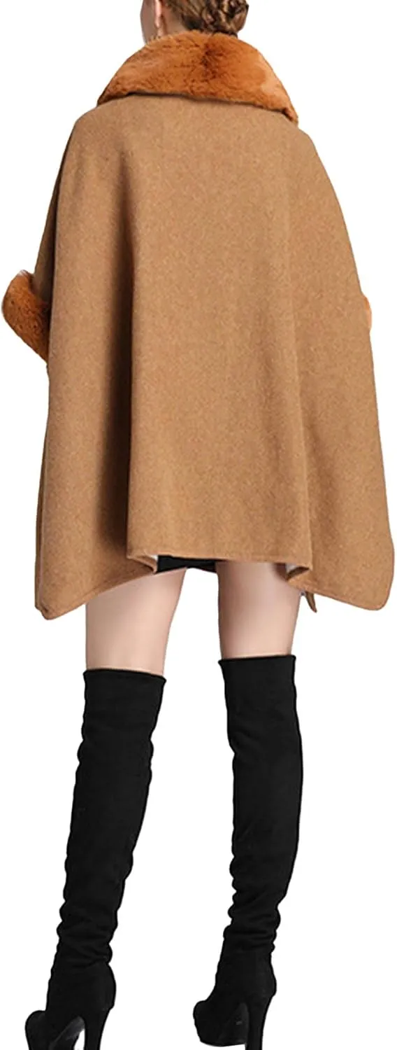 Sexyshine Women's Faux Fur Trim Cloak Poncho Coat Batwing Sleeve Pocket Oversized Woolen Shawl Wrap Cape Jacket