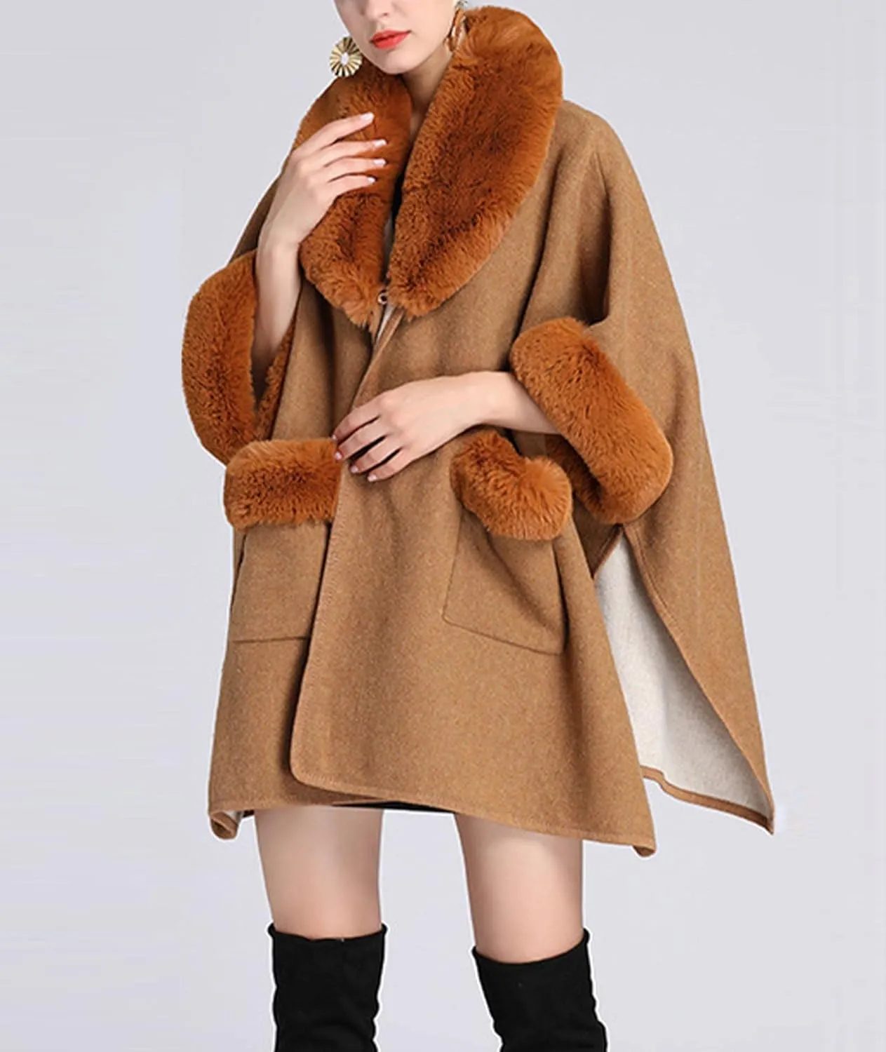 Sexyshine Women's Faux Fur Trim Cloak Poncho Coat Batwing Sleeve Pocket Oversized Woolen Shawl Wrap Cape Jacket