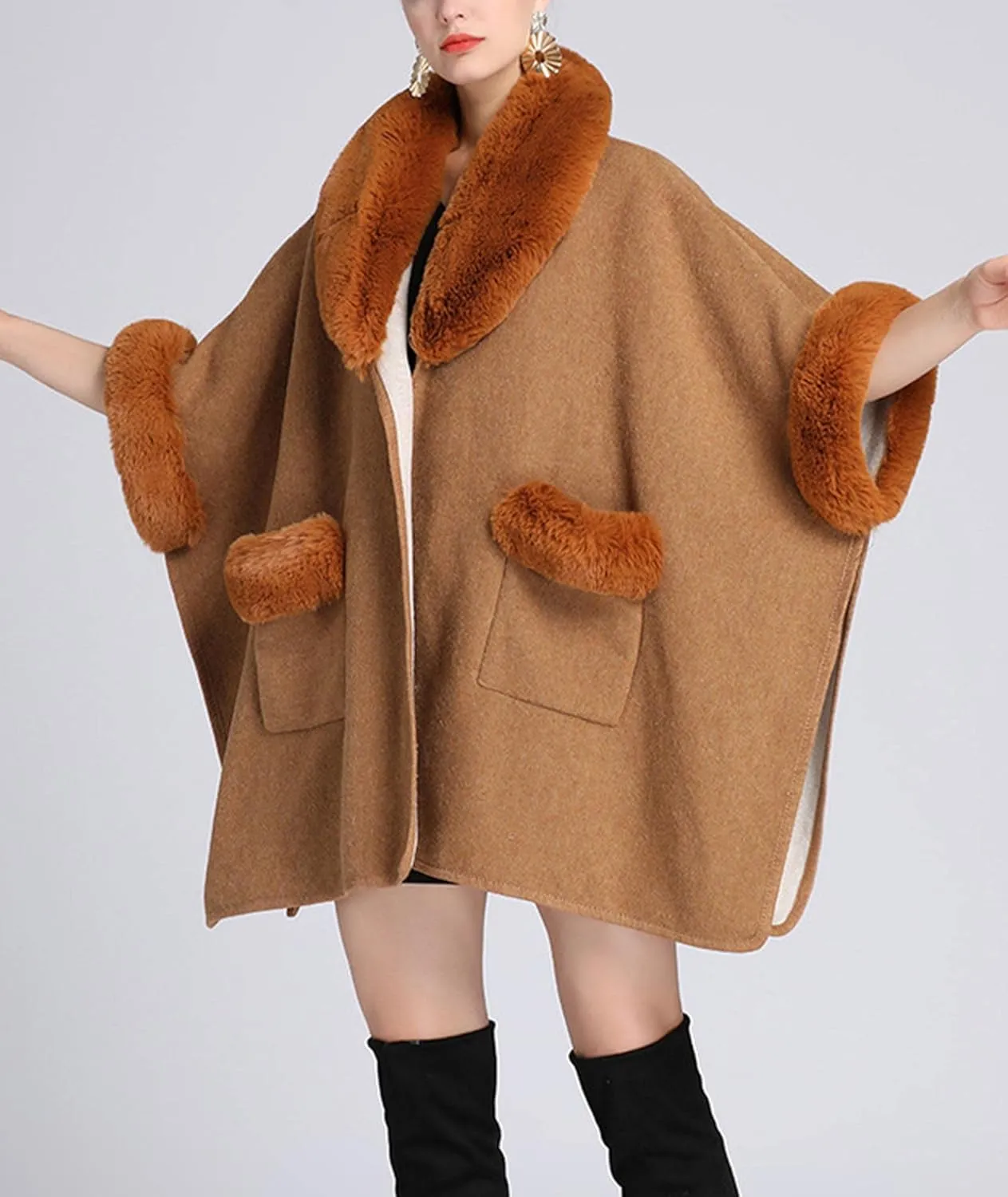 Sexyshine Women's Faux Fur Trim Cloak Poncho Coat Batwing Sleeve Pocket Oversized Woolen Shawl Wrap Cape Jacket