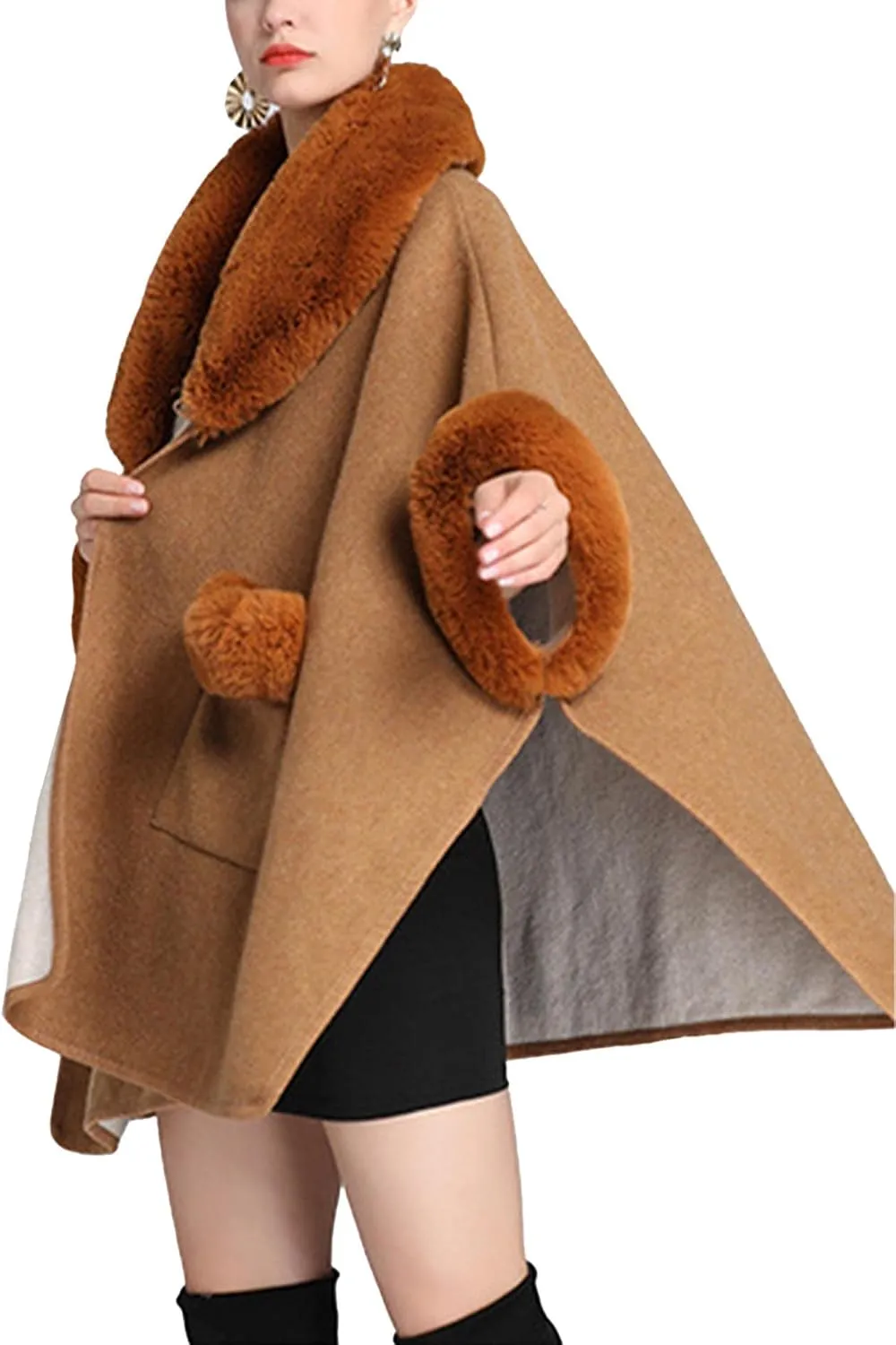 Sexyshine Women's Faux Fur Trim Cloak Poncho Coat Batwing Sleeve Pocket Oversized Woolen Shawl Wrap Cape Jacket