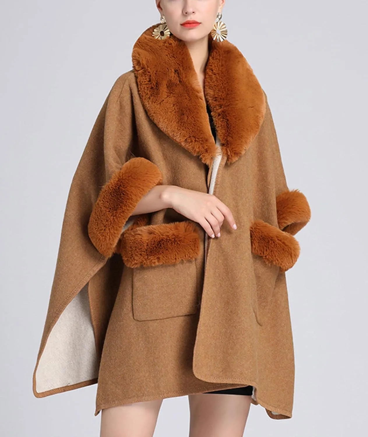 Sexyshine Women's Faux Fur Trim Cloak Poncho Coat Batwing Sleeve Pocket Oversized Woolen Shawl Wrap Cape Jacket