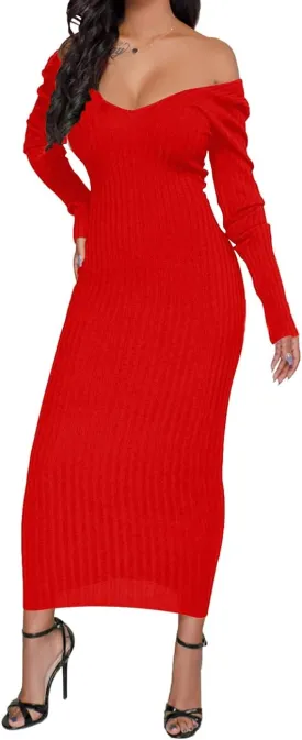 SheKiss Womens Off Shoulder Plus Size Work Business Sweater Dresses Long Sleeves Bodycon Cardigans Outfits