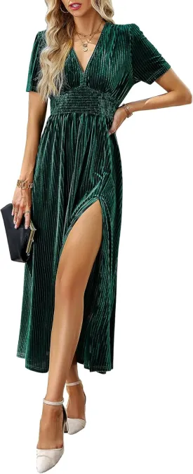 Sissyaki Women's Retro V-Neck Velvet Maxi Dress Wedding Guest Formal Party Long Dresses