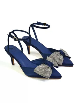 Solene Diamante Bow  Pointed Toe Court Shoes Mid Stiletto Bridal Heels in Navy
