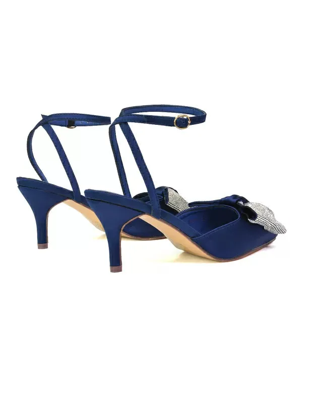 Solene Diamante Bow  Pointed Toe Court Shoes Mid Stiletto Bridal Heels in Navy