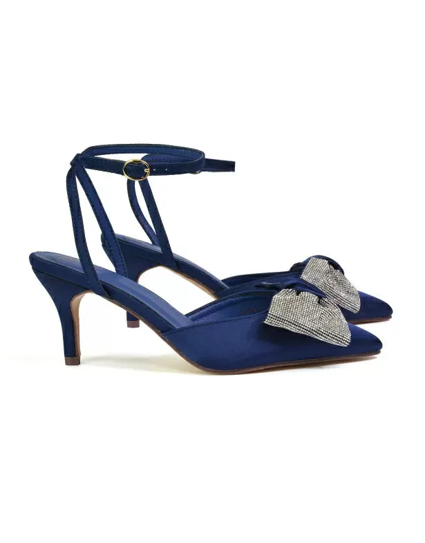 Solene Diamante Bow  Pointed Toe Court Shoes Mid Stiletto Bridal Heels in Navy