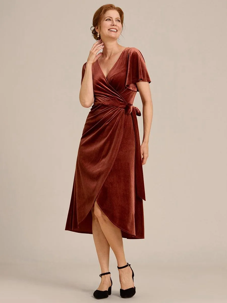 Tala | One-Piece Type Short Sleeves V-Neck Velvet Midi Mother of the Bride Dress