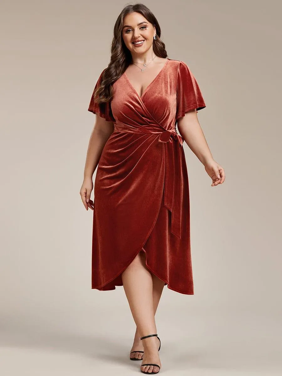 Tala | One-Piece Type Short Sleeves V-Neck Velvet Midi Mother of the Bride Dress