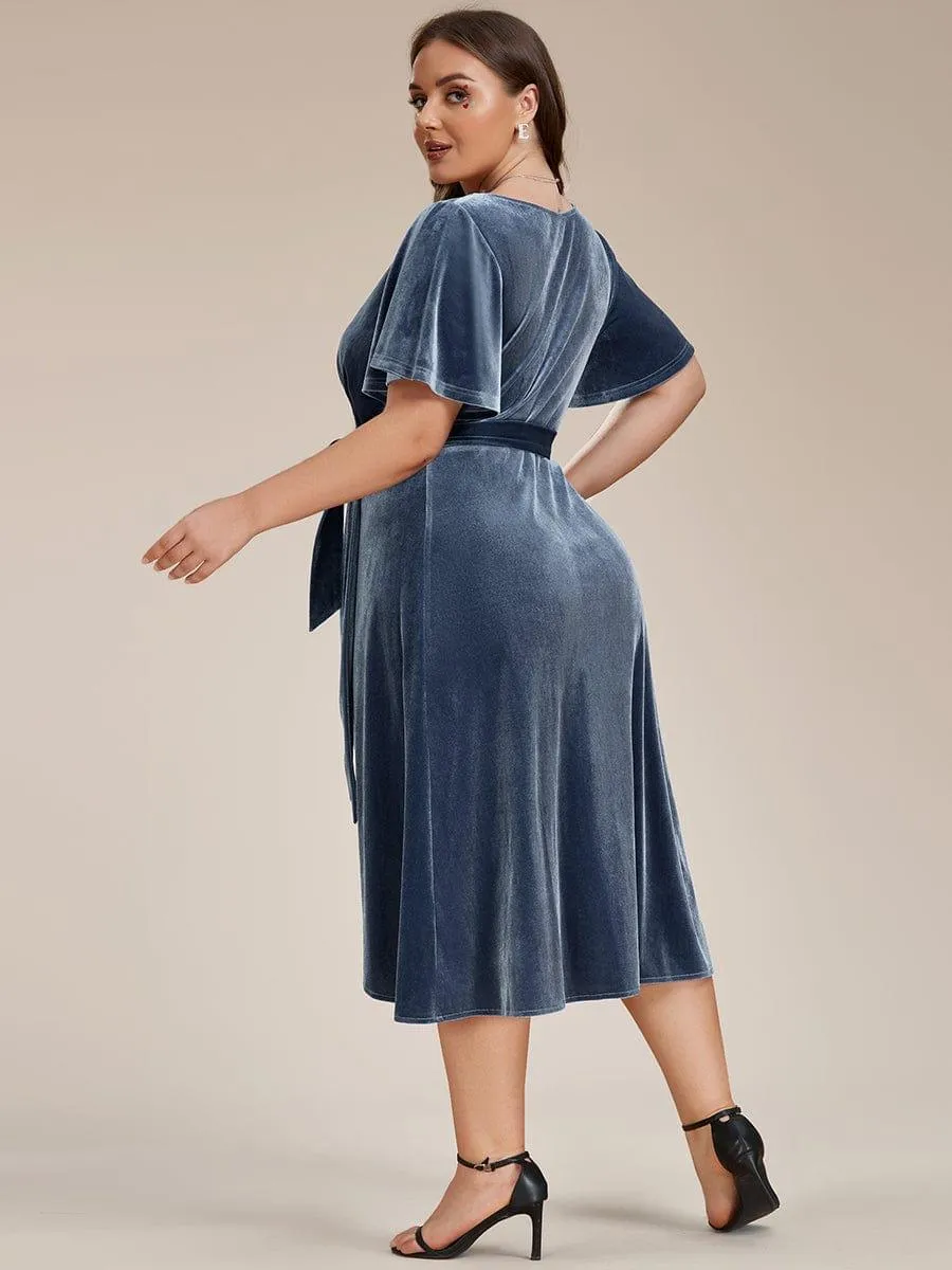 Tala | One-Piece Type Short Sleeves V-Neck Velvet Midi Mother of the Bride Dress