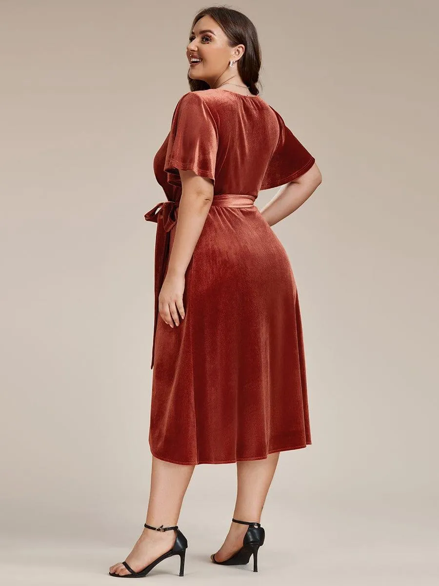 Tala | One-Piece Type Short Sleeves V-Neck Velvet Midi Mother of the Bride Dress