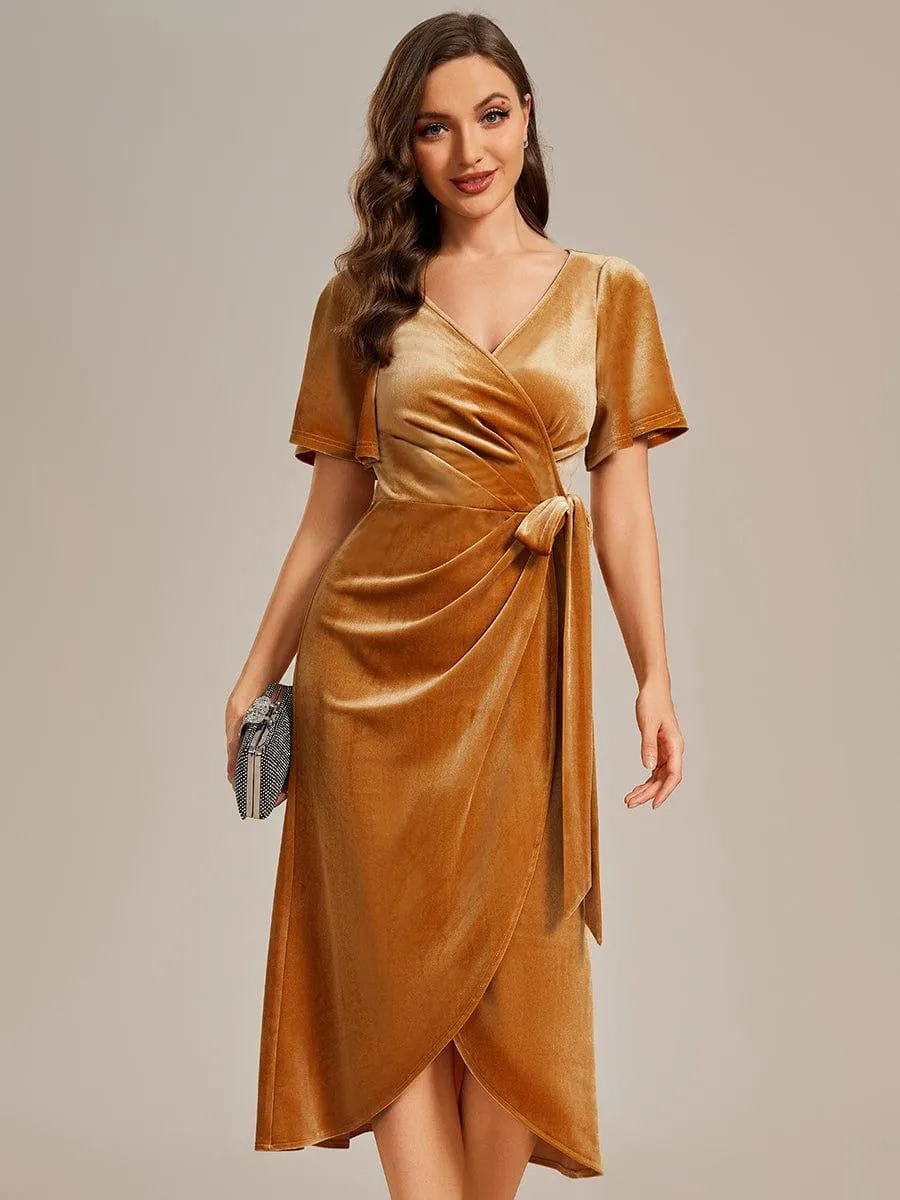 Tala | One-Piece Type Short Sleeves V-Neck Velvet Midi Mother of the Bride Dress