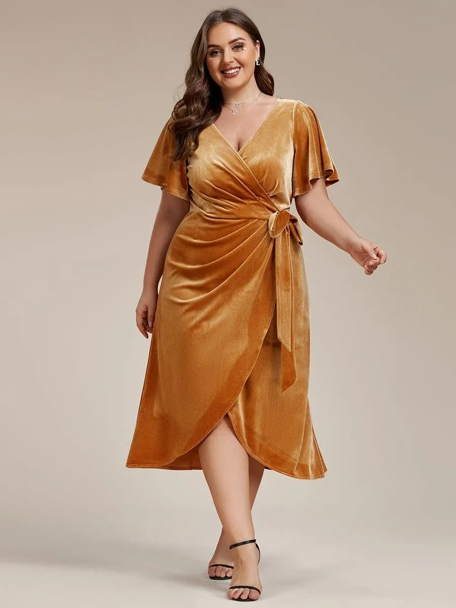 Tala | One-Piece Type Short Sleeves V-Neck Velvet Midi Mother of the Bride Dress