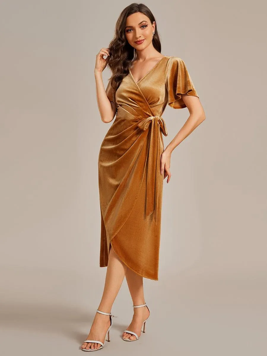 Tala | One-Piece Type Short Sleeves V-Neck Velvet Midi Mother of the Bride Dress