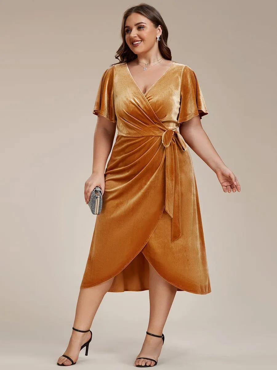 Tala | One-Piece Type Short Sleeves V-Neck Velvet Midi Mother of the Bride Dress