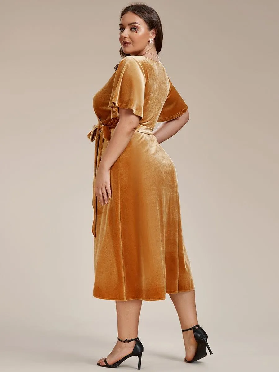 Tala | One-Piece Type Short Sleeves V-Neck Velvet Midi Mother of the Bride Dress