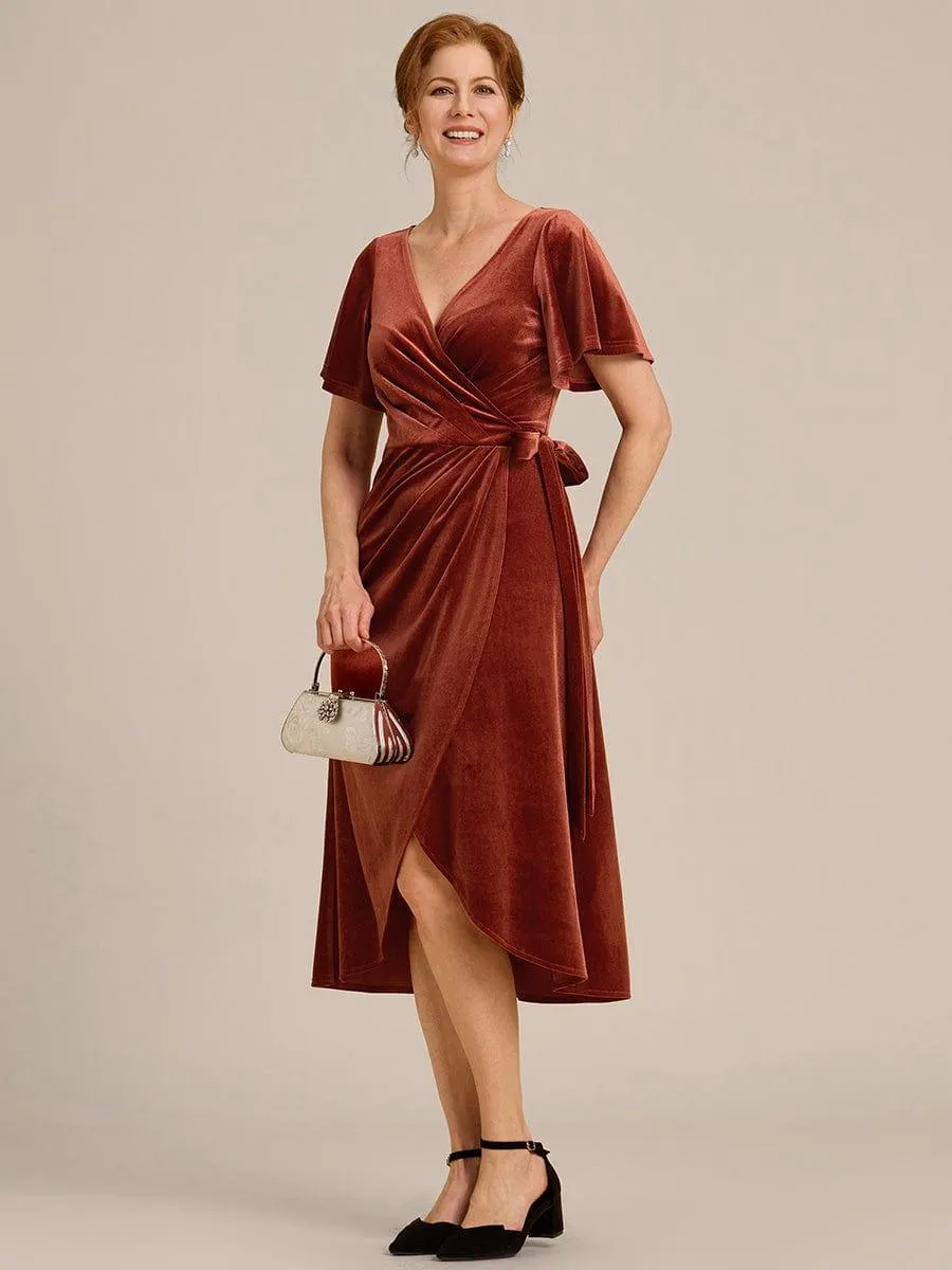 Tala | One-Piece Type Short Sleeves V-Neck Velvet Midi Mother of the Bride Dress