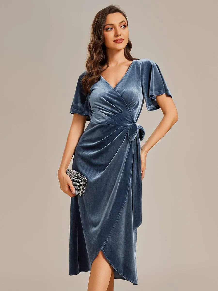 Tala | One-Piece Type Short Sleeves V-Neck Velvet Midi Mother of the Bride Dress