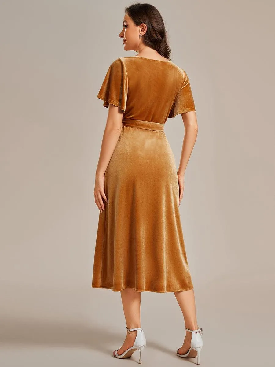 Tala | One-Piece Type Short Sleeves V-Neck Velvet Midi Mother of the Bride Dress