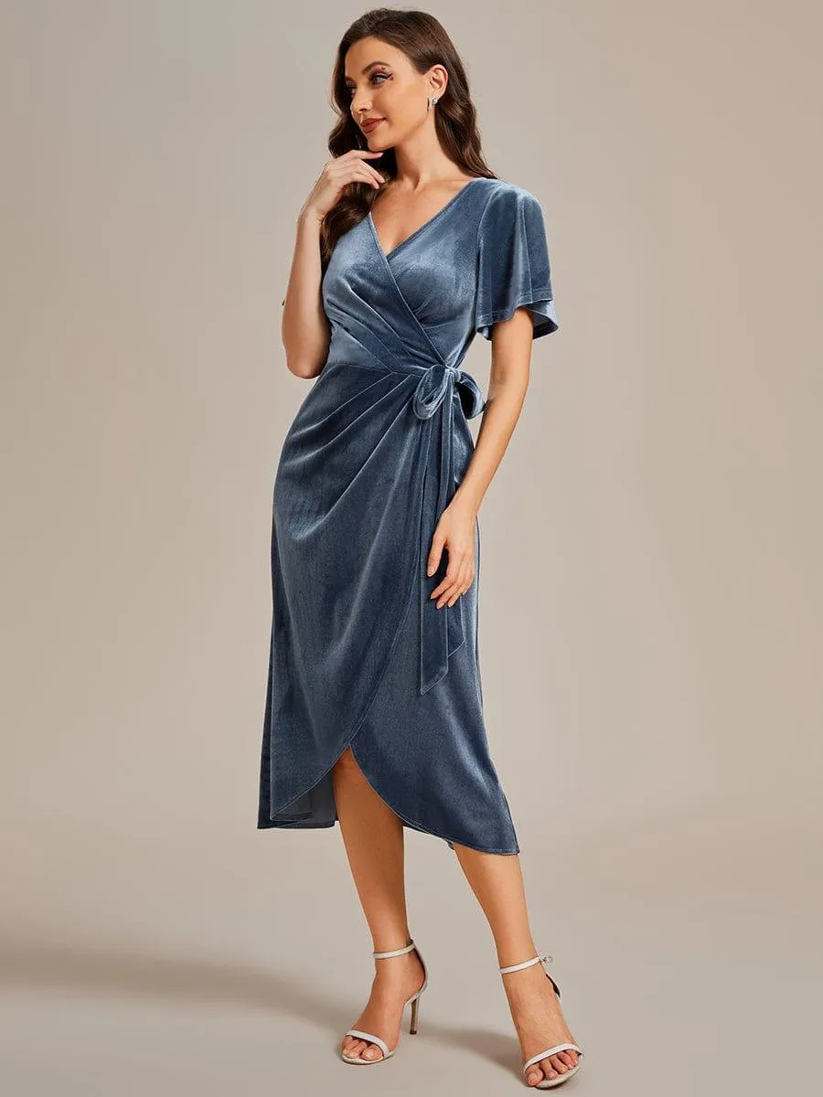 Tala | One-Piece Type Short Sleeves V-Neck Velvet Midi Mother of the Bride Dress