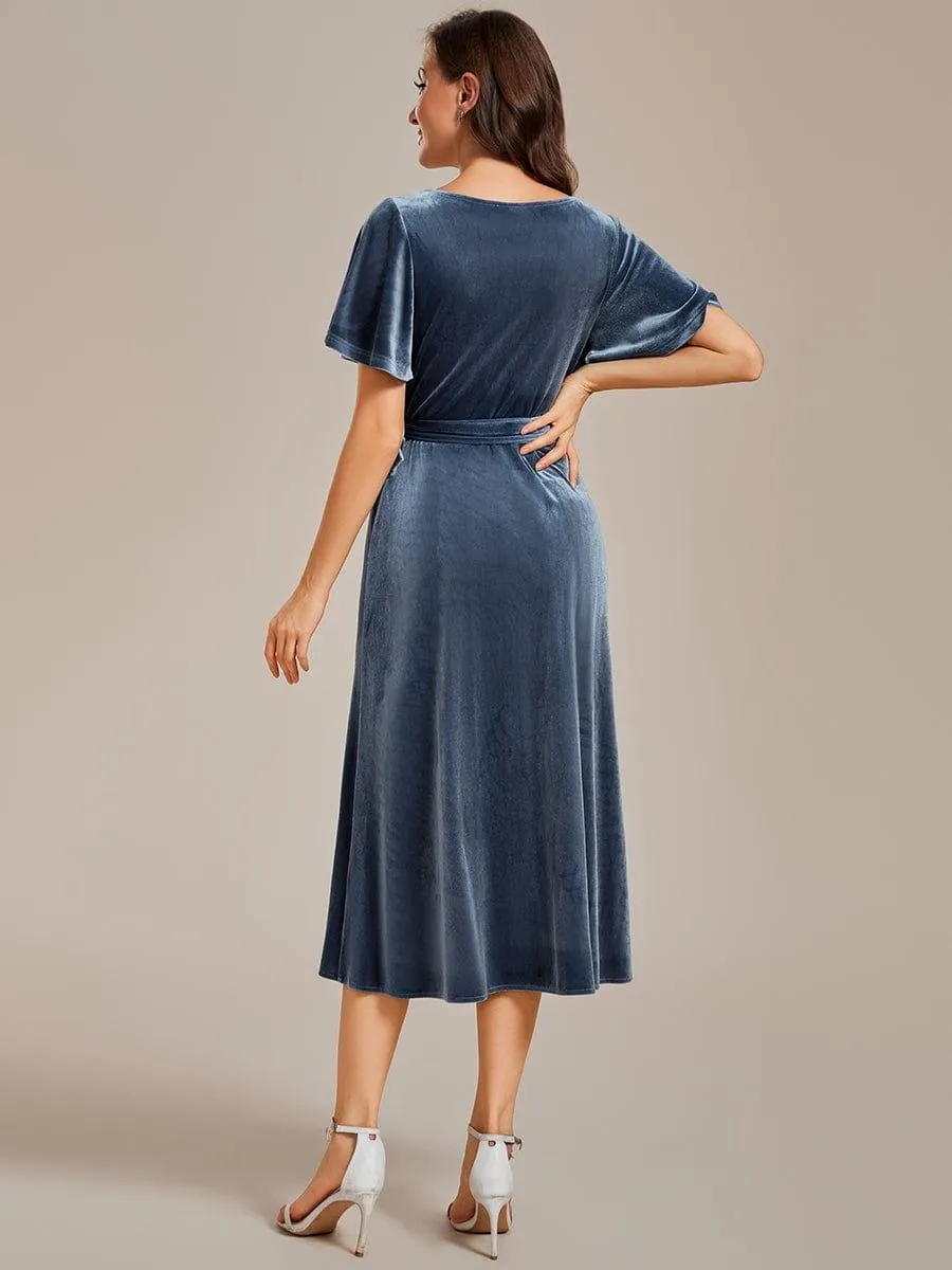 Tala | One-Piece Type Short Sleeves V-Neck Velvet Midi Mother of the Bride Dress