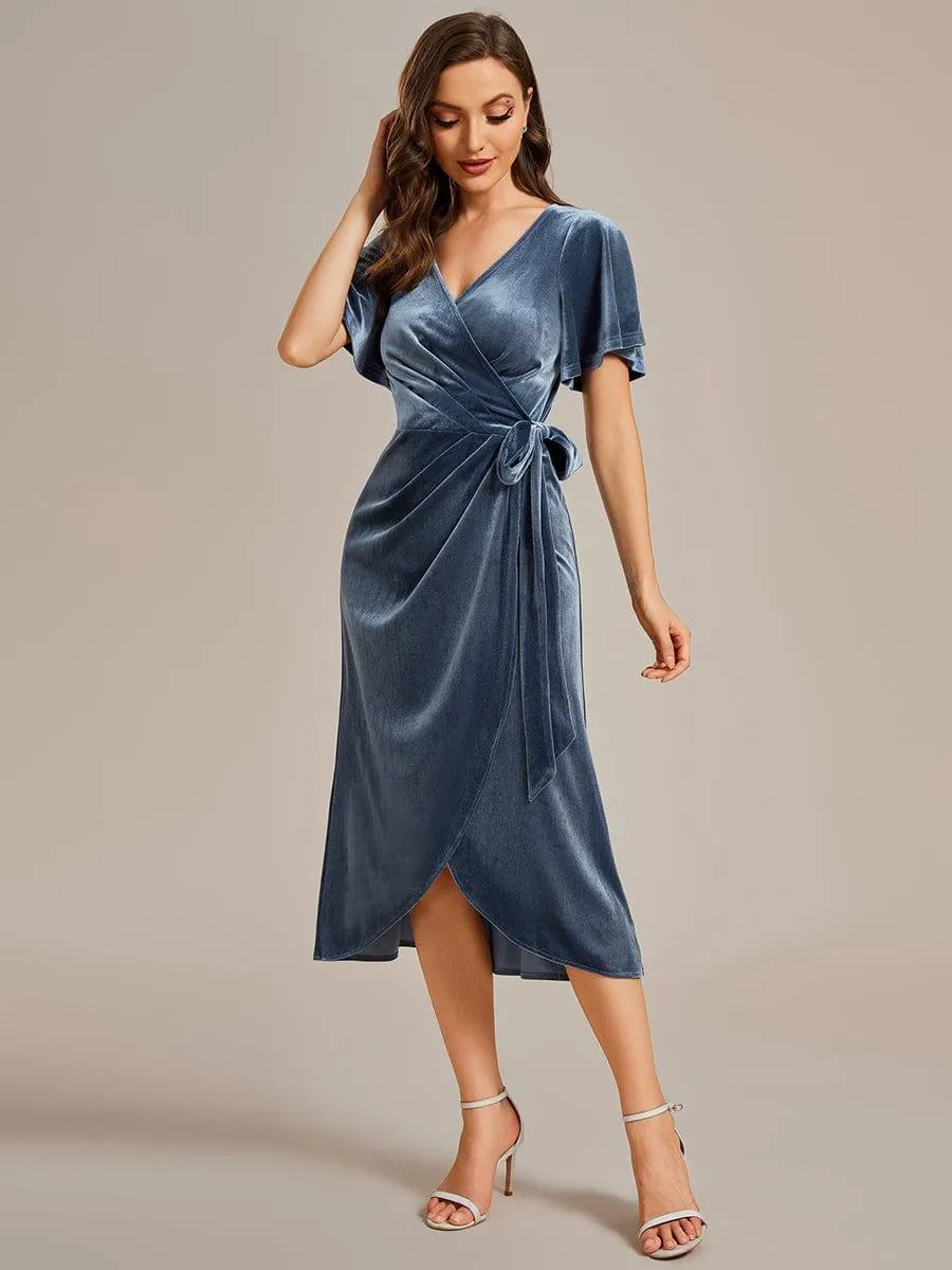 Tala | One-Piece Type Short Sleeves V-Neck Velvet Midi Mother of the Bride Dress