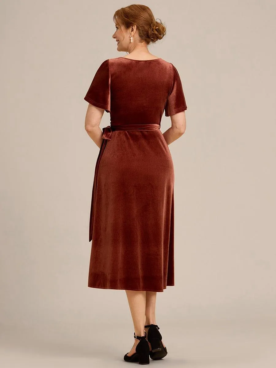 Tala | One-Piece Type Short Sleeves V-Neck Velvet Midi Mother of the Bride Dress