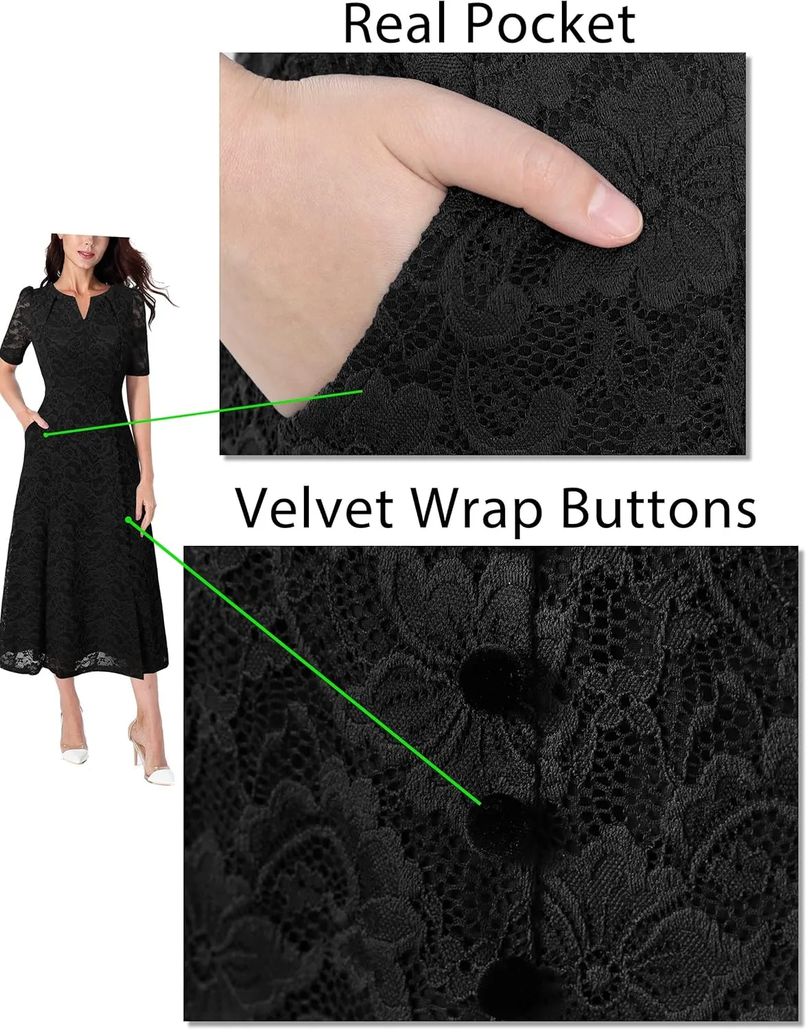 VFSHOW Women Pleated Notch V Neck Pockets Buttons Work Office Business A-Line Midi Dress