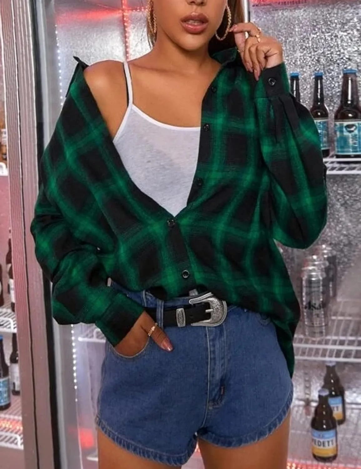 Wanzetaly Womens Casual Oversized Flannel Plaid Button Down Long Sleeve Shirts Fashion Blouse Tops with Pocket