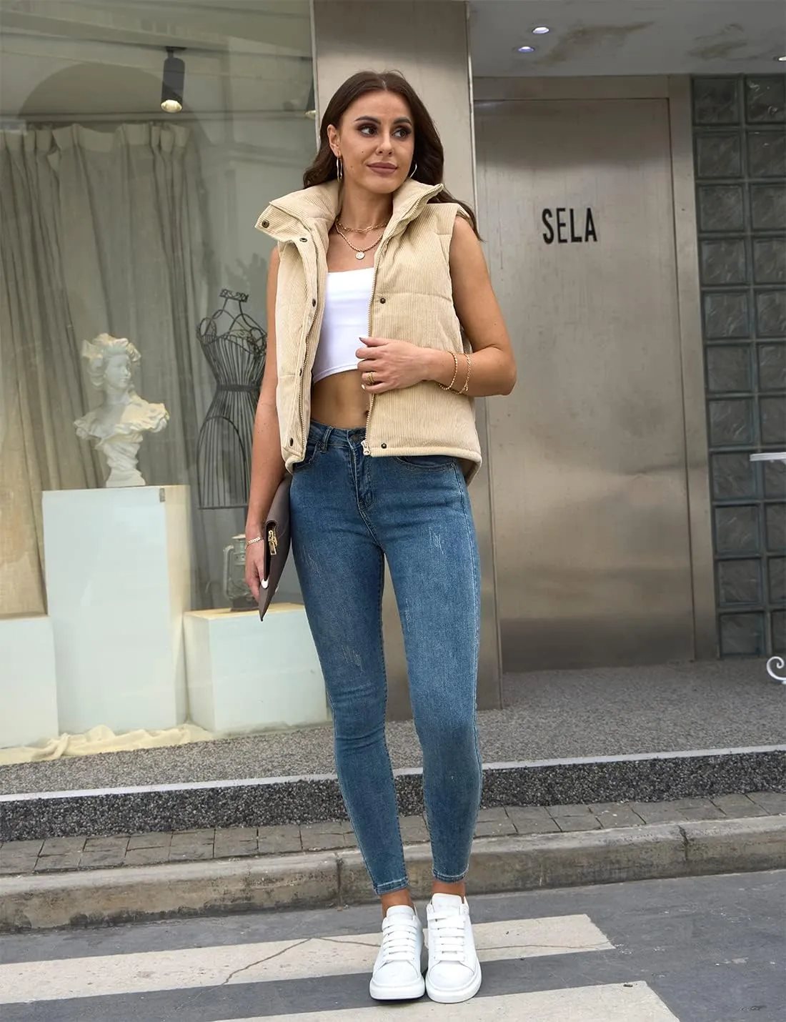 Womens Corduroy Puffer Vest Sleeveless Stand Collar Zip Up Snap Lightweight Jacket Padded Gilet Outerwear